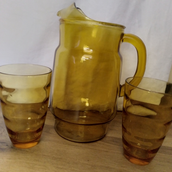 Vintage Amber Glass Pitcher with Set of 2 Glasses - Picture 2 of 7